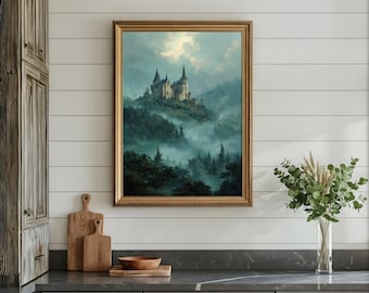Vintage Gothic Castle Art Print: Misty Forest Landscape (Digital Download)