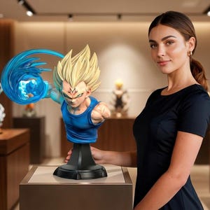 May include: A bust of a character with spiky blonde hair and a blue outfit, emanating a blue energy blast. The figure is on a black base. Other figurines are visible in the background.
