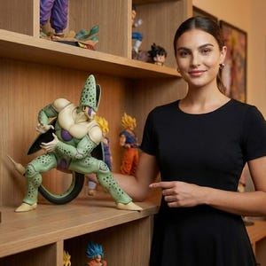 Op de afbeelding: Een verzameling anime-beeldjes tentoongesteld op houten planken. De centrale figuur is een groen en crèmekleurig Cell-personage. Andere figuren zijn personages in oranje, blauw en geel. Een vrouw in een zwarte jurk staat naast de plank.
