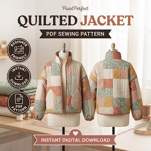 May include: A quilted jacket PDF sewing pattern by Pivot Perfect. The jacket features a patchwork design with floral patterns in muted tones of sage green, mustard yellow, and dusty rose. The front and back views are displayed on mannequins.