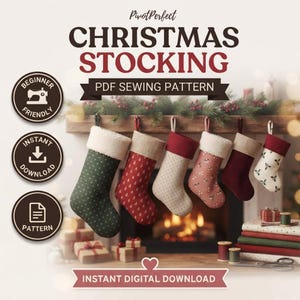Pode incluir: Um molde de costura digital em PDF para meias de Natal, com seis meias penduradas de várias cores e padrões, incluindo verde, vermelho e creme, com o texto PivotPerfect CHRISTMAS STOCKING PDF SEWING PATTERN.