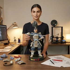 Op de afbeelding: Gedetailleerd beeldje van een Dragon Ball Z-personage met een zwaard. Het beeldje staat op een ronde basis met tekst. Diverse 3D-geprinte onderdelen en ontwerpschetsen liggen op tafel. Het beeldje is ongeveer 30 cm hoog.