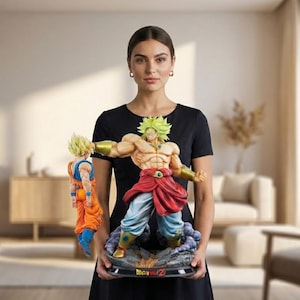 Peut inclure: Une personne tient deux figurines Dragon Ball Z. La plus grande figurine représente un personnage musclé aux cheveux verts, une jupe rouge et un pantalon bleu. La plus petite figurine représente un personnage en tenue orange et bleue. La base de la figurine plus grande indique "Dragon Ball Z".