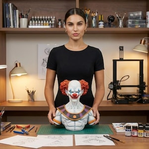 May include: A woman holding a detailed clown bust with red hair, white face, and blue eye makeup. The bust has a purple and gold collar. The scene includes art supplies, a 3D printer, and figurines on shelves.