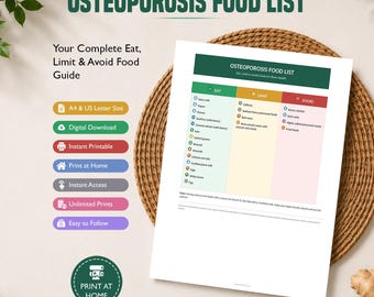 Osteoporosis Food List Printable, Bone Health Food Chart, Eat Limit Avoid, Calcium Rich Foods, Osteoporosis Diet Guide, Digital Download PDF