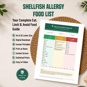 May include: A digital Shellfish Allergy Food List guide featuring a three-column chart categorized by Eat, Limit, and Avoid. The document includes text headers, bulleted food items, and icons for A4 and US Letter size, digital download, and instant printing.