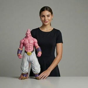 May include: A large pink action figure of a muscular character with a bulbous head, white pants, and gold belt. The figure has purple armbands and brown shoes. The figure is standing on a white surface.