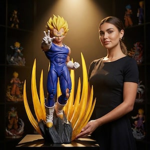May include: A detailed figurine of a character with spiky yellow hair and a blue and white outfit, posed with two fingers raised. The figure stands on a rocky base with yellow energy effects. Other figurines are visible in the background.