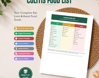 Colitis Food List Printable, Colitis Food Chart, Eat Limit Avoid, Ulcerative Colitis Diet Guide, Flare Up Safe Foods, Digital Download PDF