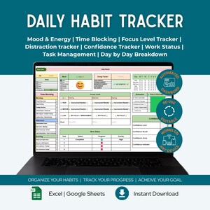 Può includere: Un laptop mostra un tracker digitale delle abitudini quotidiane con sezioni per umore, energia, blocco del tempo e concentrazione. Lo schermo mostra un foglio di calcolo con celle verdi e bianche. Il testo "DAILY HABIT TRACKER" è in alto. Il testo in basso recita "ORGANIZE YOUR HABITS | TRACK YOUR PROGRESS | ACHEIVE YOUR GOAL".
