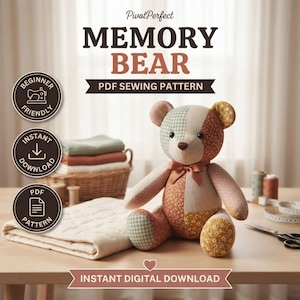 Nähvorlage „Erinnerungsbär“ (PDF), Teddybär zum Andenken aus Stoff, Größen von 25 bis 55 cm, inklusive Hasenohren, Plüschtier-Schnittmuster, Sofort-Download