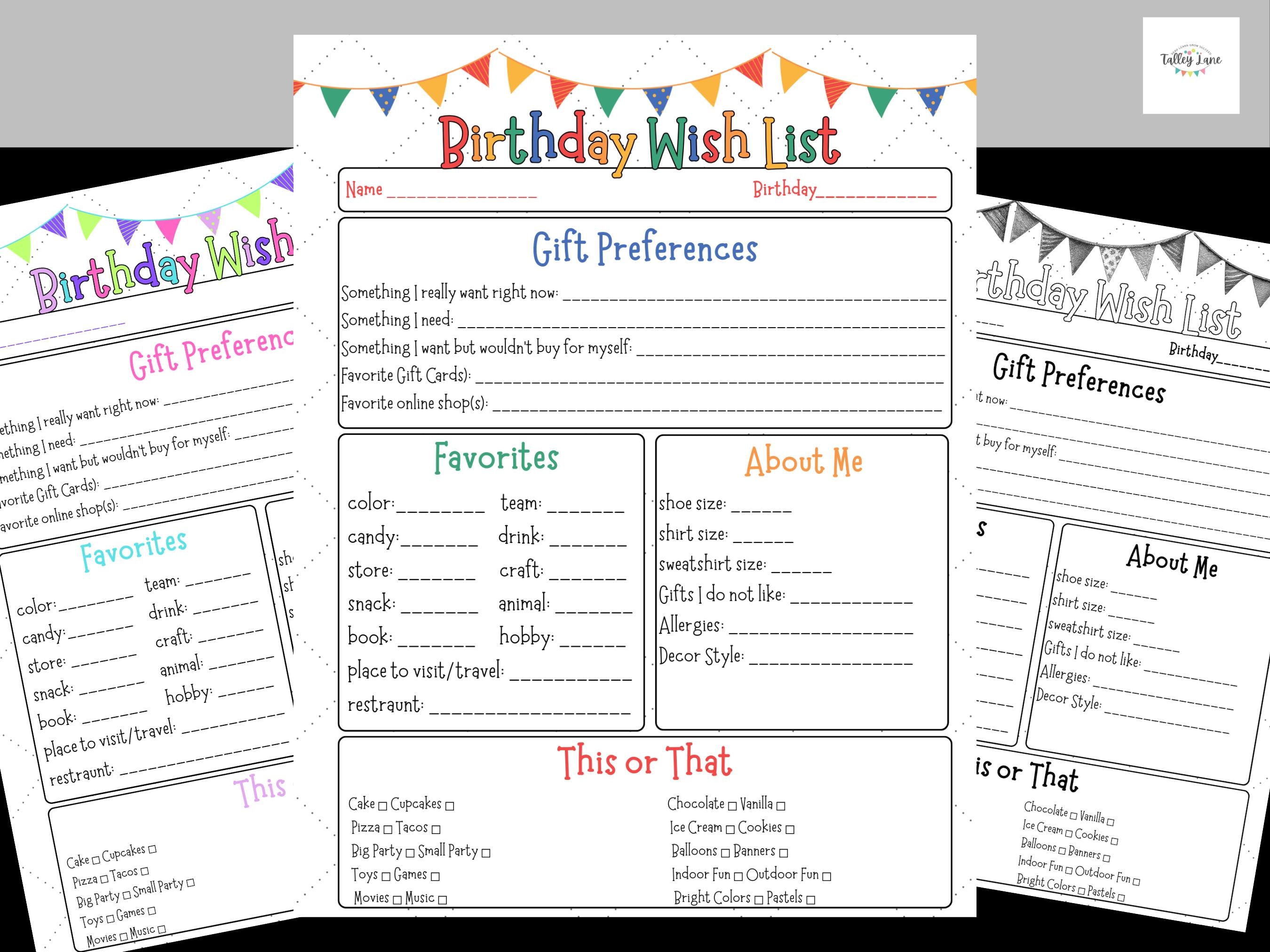 Birthday Wish List Printable, Gift Preferences Questionnaire (digital ...
