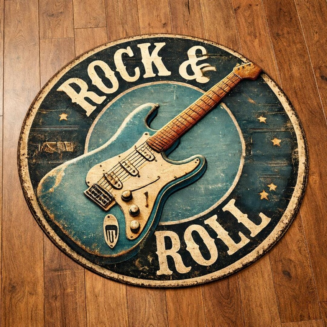 Circle Music Rug Rock & Roll Round Rug – Vintage Guitar Circle Carpet, Music Room Decor ...