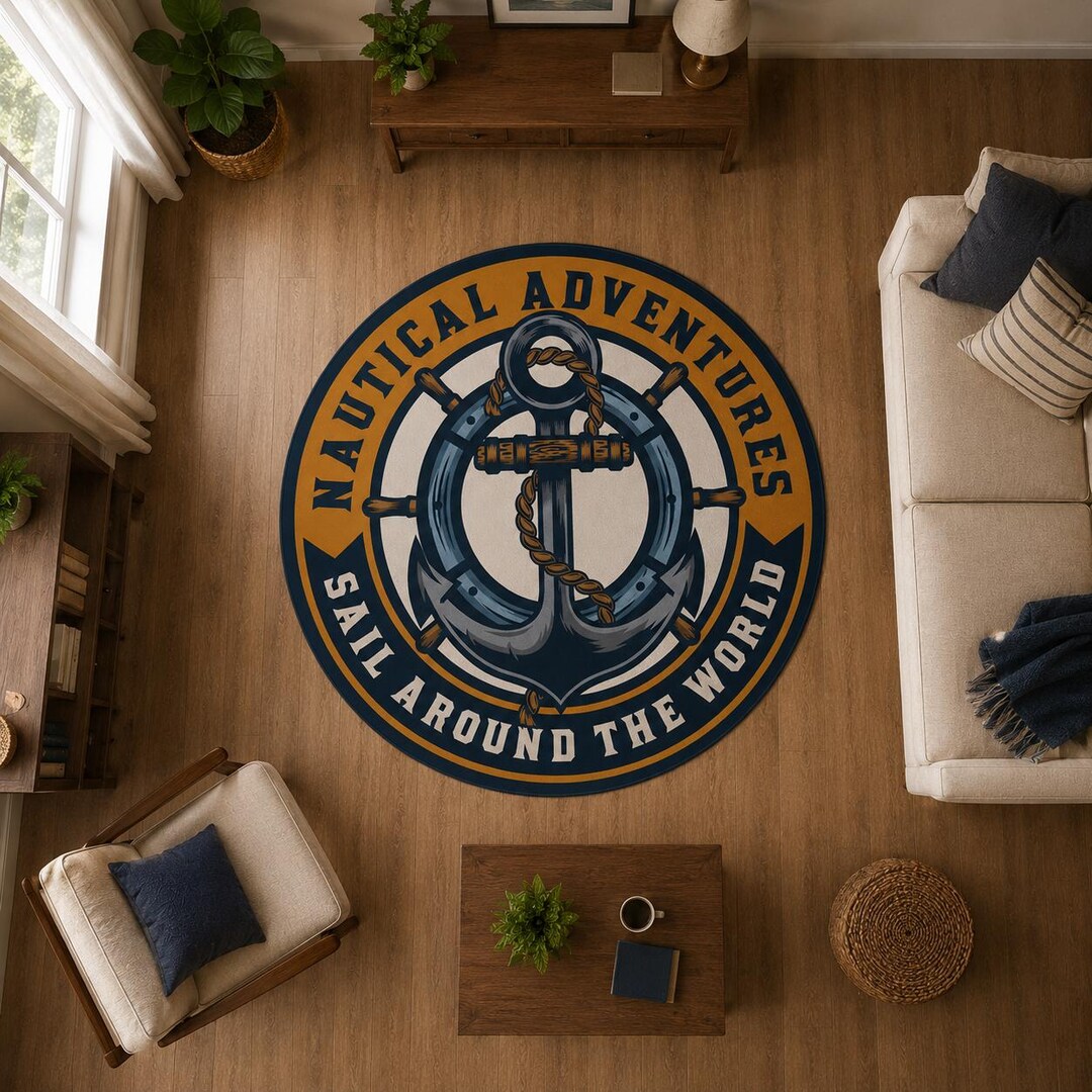 Coastal Anchor Round Rug, Nautical Area Rug, Navy Blue Sailor Carpet ...
