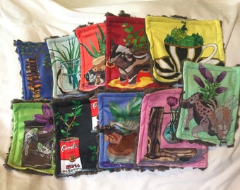 Adult stim pocket square. Mini security blanket. Ultra soft minky with original plants and vintage planters artwork