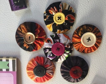 Halloween themed magnetic pattern weights with vintage buttons, fabric fridge magnets, quilter gift