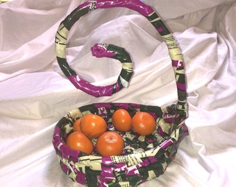 WASHABLE OOAK spiral handle decor basket fruit bowl, upcycle materials, medium basket