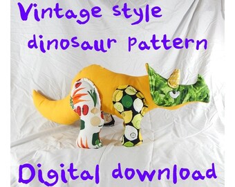 Digital download pattern Large dinosaur plush triceratops torosaurus, vintage style primitive plush