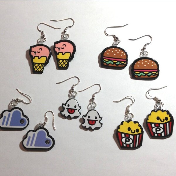 Decoden cabochon resin graffiti style earrings ghost cloud cat popcorn hamburger fun jewelry