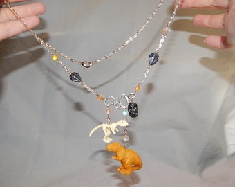 T-Rex Tyrannosaurus necklace and earrings set dinosaur upcycled toy earrings and pendant tektites trilobite