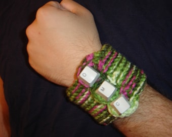 OMG PC button upcycled cuff crochet bracelet internet meme unisex emoticon green pink geek computer parts