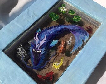 Dragon Koi original 3d painting on plastic panes "Tap Some Flakes in and Leave"