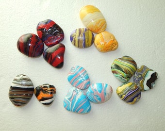 Marble mandala rock art, handpainted meditation sand tray and altar stones, paint pouring pebble trios and one duo
