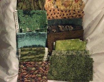Fabric lot, OOP designs odd sizes chickens, ferns, shells, leaves, wood grain, pebbles