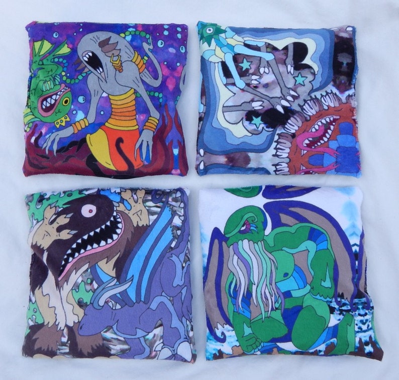 Lovecraft themed wrist rests artifact altar pillows beans and lavender monster designs Original artwork minky satin Cthulhu image 1