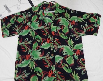 Mango Moon Jungle design loud beach shirt colorful red, black and green XL rayon blouse.