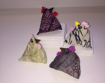 Batik stim chicken fidget quartet with assorted fillings. Small fidget toys. Pocket plush chickens. weighted toys bean bags