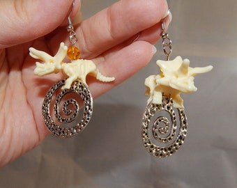 Triceratops Torosaurus dinosaur skeleton upcycled toy earrings silver spirals