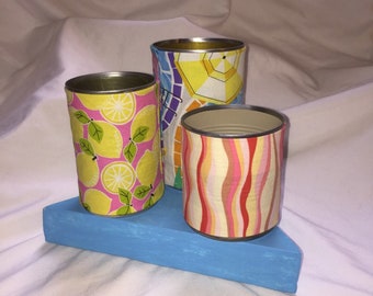 Upcycled cans desk organizer with vaporwave swiming pool print and kitchy retro lemons and stripes