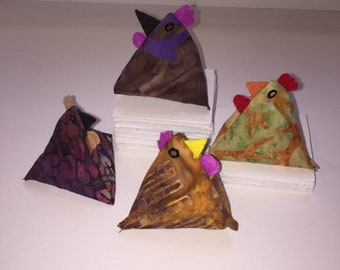 Batik stim chicken fidget quartet with assorted fillings. Small fidget toys. Pocket plush chickens. weighted toys bean bags