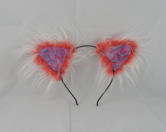 Red and white Cat Ears cosplay fuzzy patchwork batik colorful ears headband rave catboy kawaii unisex hair accessory