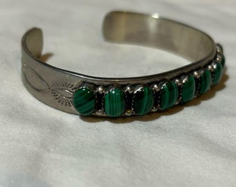 Vintage handmade cuff bracelet Malachite and sterling silver