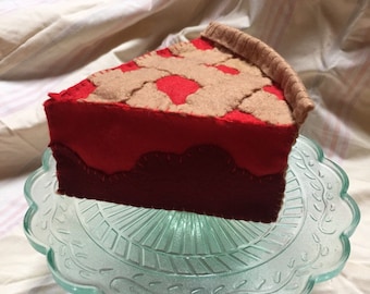 Cherry trellis Pie felt cake slice, fake food pincushion, cute decor, food plush, no wool