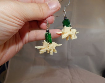 Triceratops Torosaurus dinosaur skeleton upcycled toy earrings green marble slabs