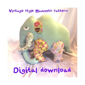 May include: A light green plush elephant with patterned fabric accents on the ears and legs. The elephant has a whimsical design with the text "Vintage style Mammoth Pattern" and "Digital download" in purple script.