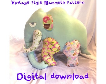 Digital download pattern Large prehistoric plush woolly mammoth vintage style primitive plush