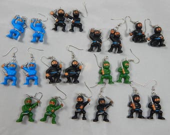 Tiny Ninja earrings rubber toy kawaii kitsch upcycled cute toys repurposed internet meme Cool colors