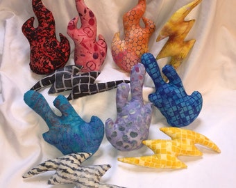 LARP spells throwing toys, stress toys, prop spells fireball, water bomb, lightning bolt, hand-dyed cotton batik fabric, machine washable
