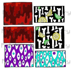 May include: Four different seamless patterns. The top left pattern is red and brown with a dripping liquid effect. The top right pattern is black and white with bones and lemons. The bottom left pattern is purple and white with a repeating eye design. The bottom right pattern is blue and white with a repeating eye design.