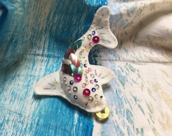 Sparkling koi fish plush, trans pride colors lucky coin ornament, zen goldfish art doll with embroidery