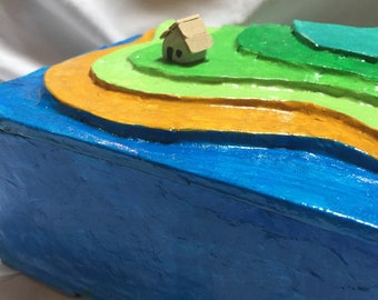 Fully handmade miniature island and lake lidded box with tiny house. OOAK upcycled materials, handpainted jewelry or altar box