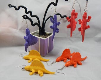 Dimetrodon dinosaur ancient reptile upcycled toy earrings recycled kitsch kawaii colorful funny hipster