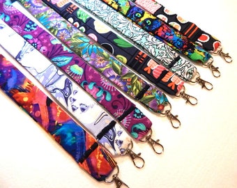 Rainbow Fantasy Cotton lanyards for keys and ID badges various patterns- you choose: lake monster, cats, sushi, flowers, venus flytrap
