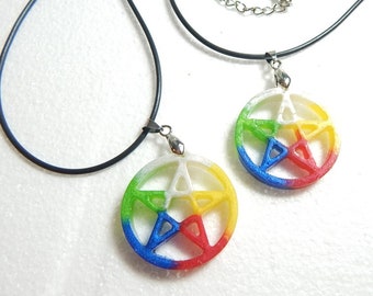 Rainbow pentacle resin pendant. Colorful Wicca jewelry.