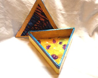 Decorative upcycle small box with lid, OOAK with lotus fabric bottom, triangle box