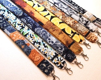 Halloween and Food Cotton lanyards for keys and ID badges various patterns- you choose Pumpkins, skulls, lemons, mushrooms, flowers